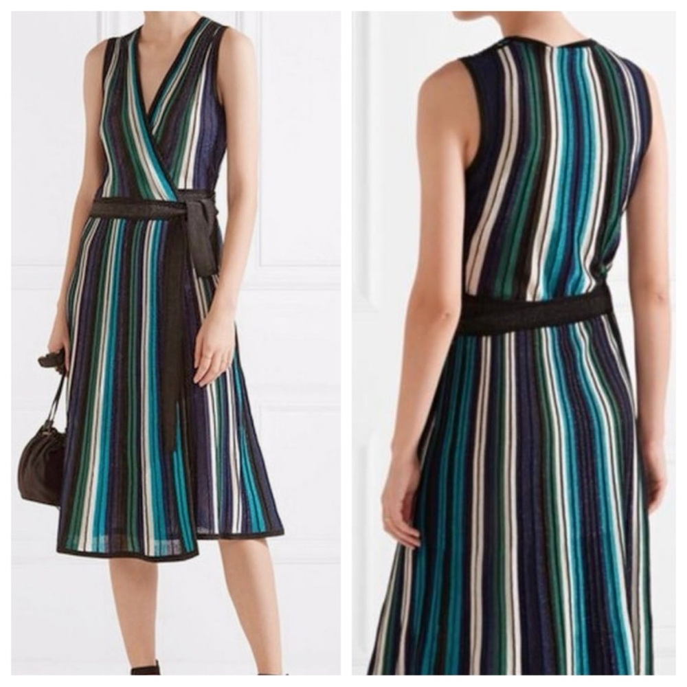 NWT DVF Cadenza Metallic Striped Sleeveless Wrap Dress Small